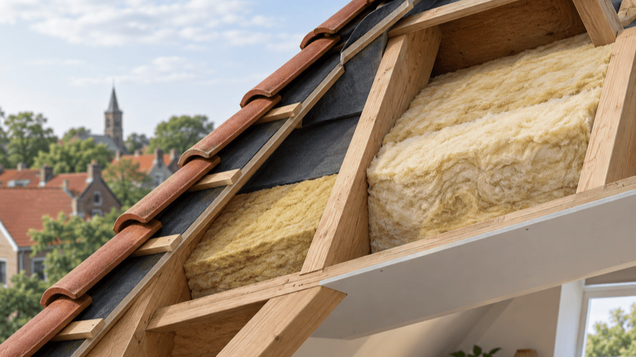 Doorsnede van een hellend dak met glaswol isolatie tussen de houten dakspanten, onder de dakpannen en het dakbeschot